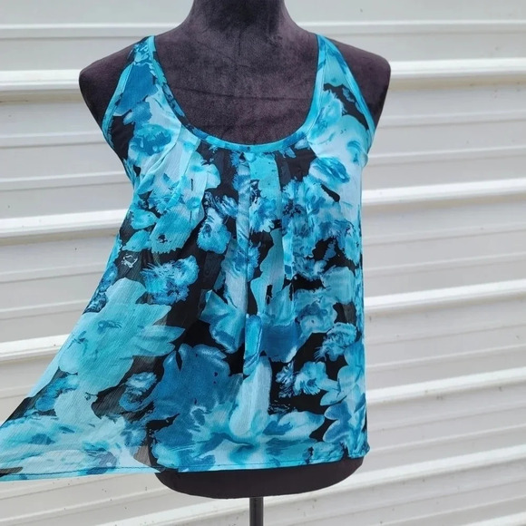 Express Floral Semi Sheer Sleeveless Racerback Top Blouse Tank Green Black XS - Picture 8 of 9